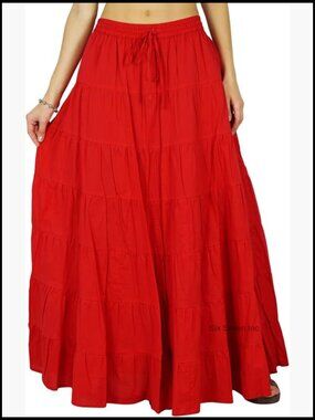 Maxi Cotton Skirt Elastic Waist Drawstring Summer Beach Full Skirt